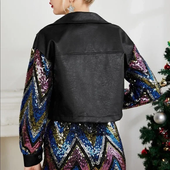 Button Front Sequin Crop PU Leather Jacket - Picture 4 of 5